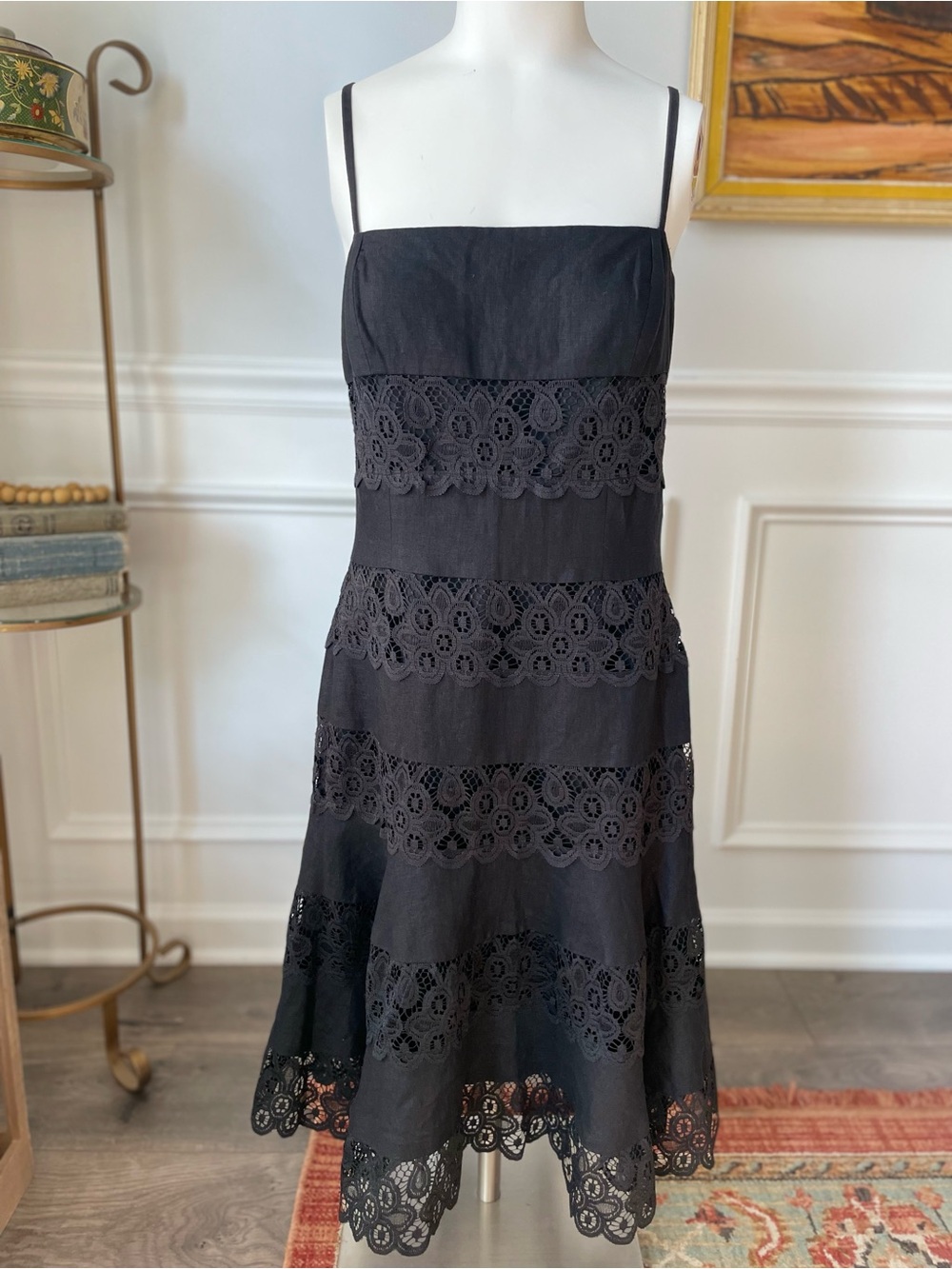 Maggy London Black Lace-Trim Midi Dress with Spaghetti Straps